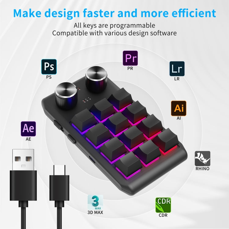 12KV2 MOLD Mini Mechanical 12 Keys 2 Knob Custom Programming Keyboard, USB Wired, Bluetooth Wireless