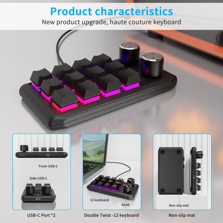 12KV2 MOLD Mini Mechanical 12 Keys 2 Knob Custom Programming Keyboard, USB Wired, Bluetooth Wireless