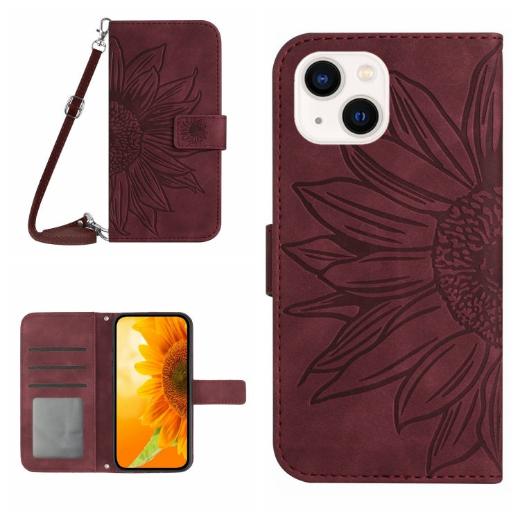 Skin Feel Sun Flower Embossed Flip Leather Phone Case with Lanyard, For iPhone 15 Pro, For iPhone 15 Plus, For iPhone 15