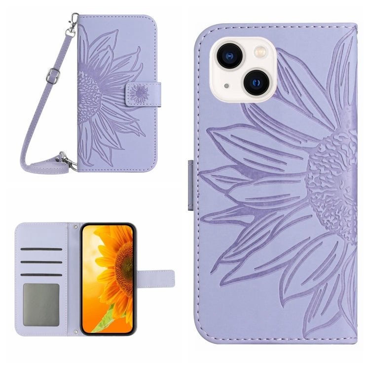 Skin Feel Sun Flower Embossed Flip Leather Phone Case with Lanyard, For iPhone 15 Pro, For iPhone 15 Plus, For iPhone 15