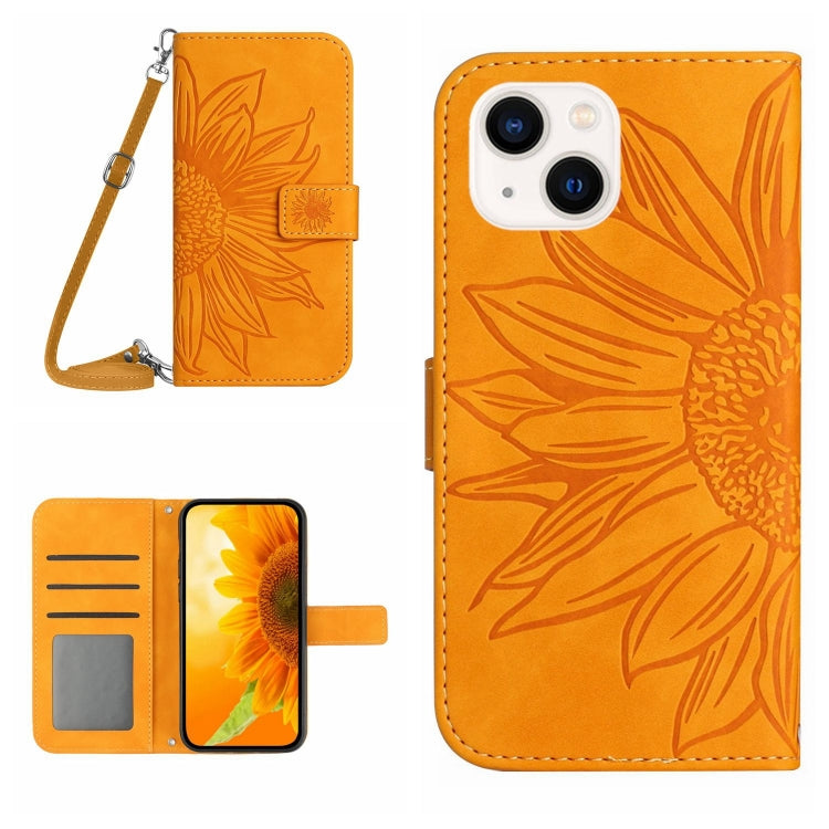 Skin Feel Sun Flower Embossed Flip Leather Phone Case with Lanyard, For iPhone 15 Pro, For iPhone 15 Plus, For iPhone 15