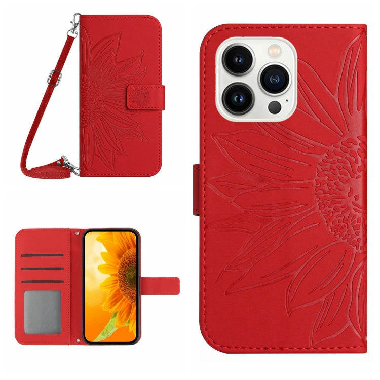 Skin Feel Sun Flower Embossed Flip Leather Phone Case with Lanyard, For iPhone 15 Pro, For iPhone 15 Plus, For iPhone 15