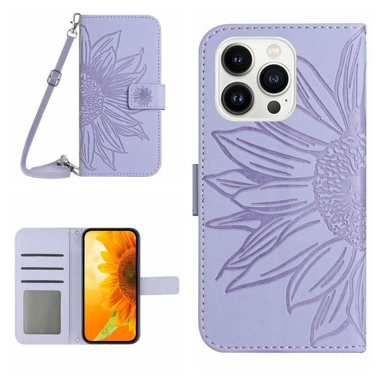 Skin Feel Sun Flower Embossed Flip Leather Phone Case with Lanyard, For iPhone 15 Pro, For iPhone 15 Plus, For iPhone 15