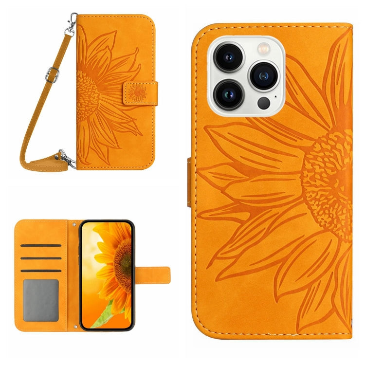 Skin Feel Sun Flower Embossed Flip Leather Phone Case with Lanyard, For iPhone 15 Pro, For iPhone 15 Plus, For iPhone 15