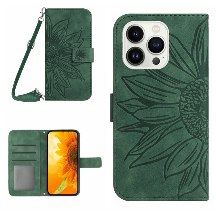 Skin Feel Sun Flower Embossed Flip Leather Phone Case with Lanyard, For iPhone 15 Pro, For iPhone 15 Plus, For iPhone 15