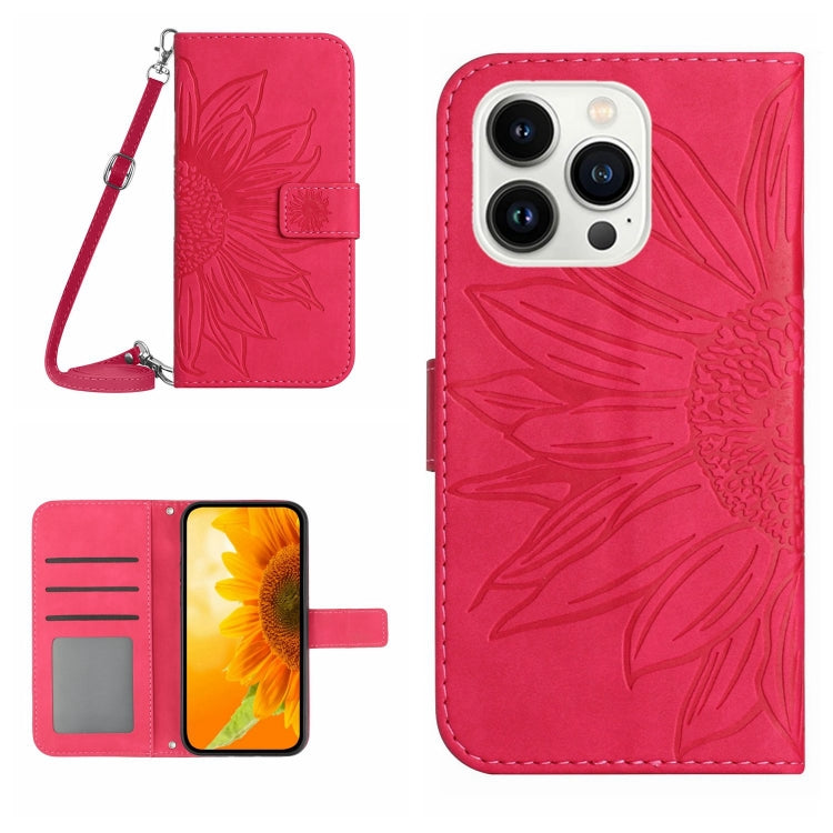 Skin Feel Sun Flower Embossed Flip Leather Phone Case with Lanyard, For iPhone 15 Pro, For iPhone 15 Plus, For iPhone 15