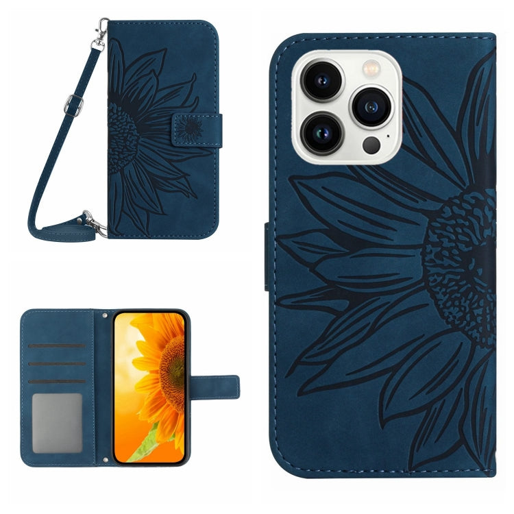 Skin Feel Sun Flower Embossed Flip Leather Phone Case with Lanyard, For iPhone 15 Pro, For iPhone 15 Plus, For iPhone 15