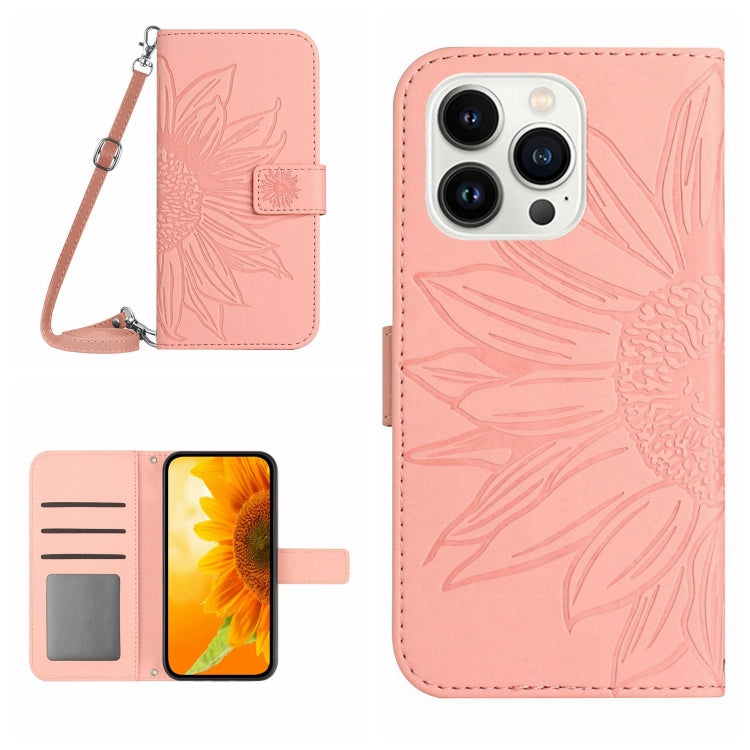 Skin Feel Sun Flower Embossed Flip Leather Phone Case with Lanyard, For iPhone 16, For iPhone SE 2024, For iPhone 15 Pro Max