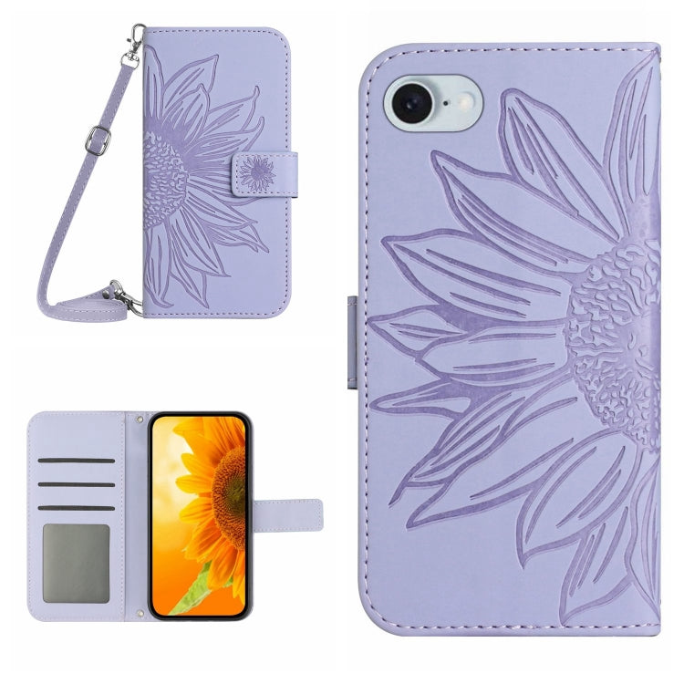 Skin Feel Sun Flower Embossed Flip Leather Phone Case with Lanyard, For iPhone 16, For iPhone SE 2024, For iPhone 15 Pro Max