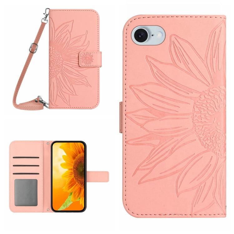 Skin Feel Sun Flower Embossed Flip Leather Phone Case with Lanyard, For iPhone 16, For iPhone SE 2024, For iPhone 15 Pro Max