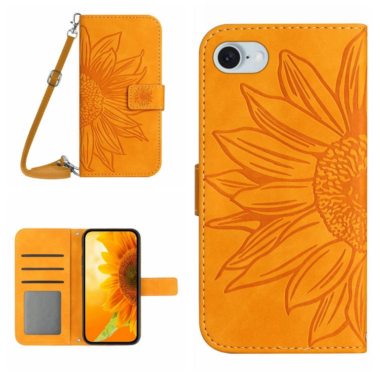 Skin Feel Sun Flower Embossed Flip Leather Phone Case with Lanyard, For iPhone 16, For iPhone SE 2024, For iPhone 15 Pro Max