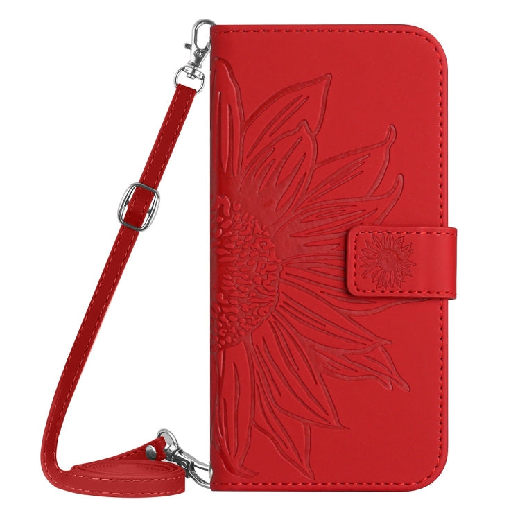 Skin Feel Sun Flower Embossed Flip Leather Phone Case with Lanyard, For iPhone 16 Pro Max, For iPhone 16 Pro, For iPhone 16 Plus