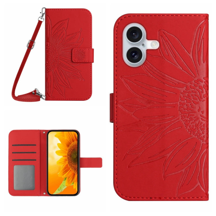 Skin Feel Sun Flower Embossed Flip Leather Phone Case with Lanyard, For iPhone 16 Pro Max, For iPhone 16 Pro, For iPhone 16 Plus