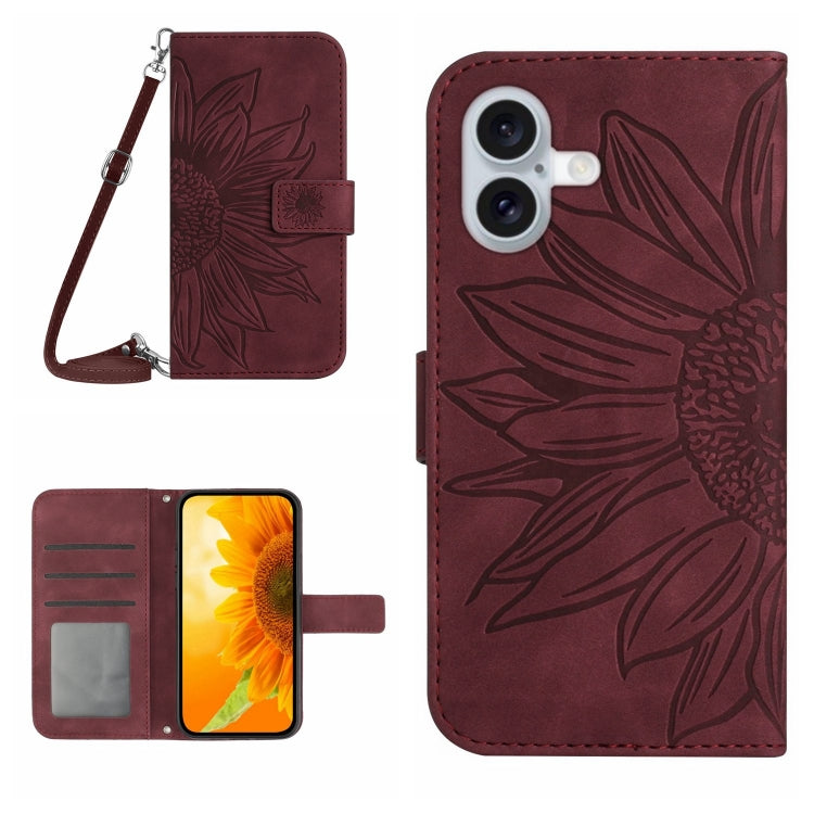 Skin Feel Sun Flower Embossed Flip Leather Phone Case with Lanyard, For iPhone 16 Pro Max, For iPhone 16 Pro, For iPhone 16 Plus