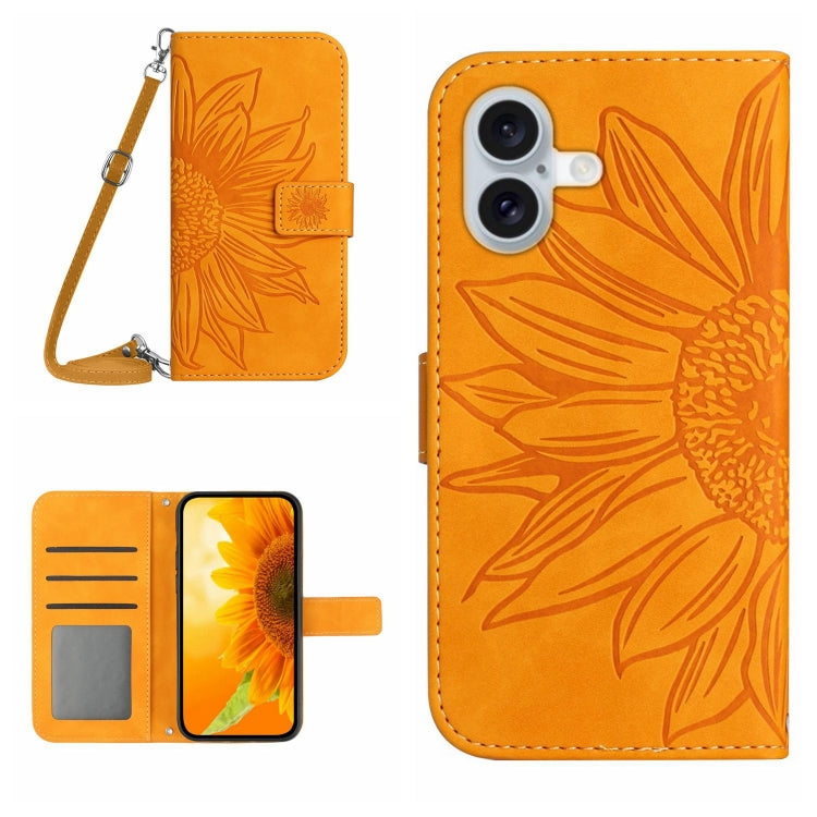 Skin Feel Sun Flower Embossed Flip Leather Phone Case with Lanyard, For iPhone 16 Pro Max, For iPhone 16 Pro, For iPhone 16 Plus