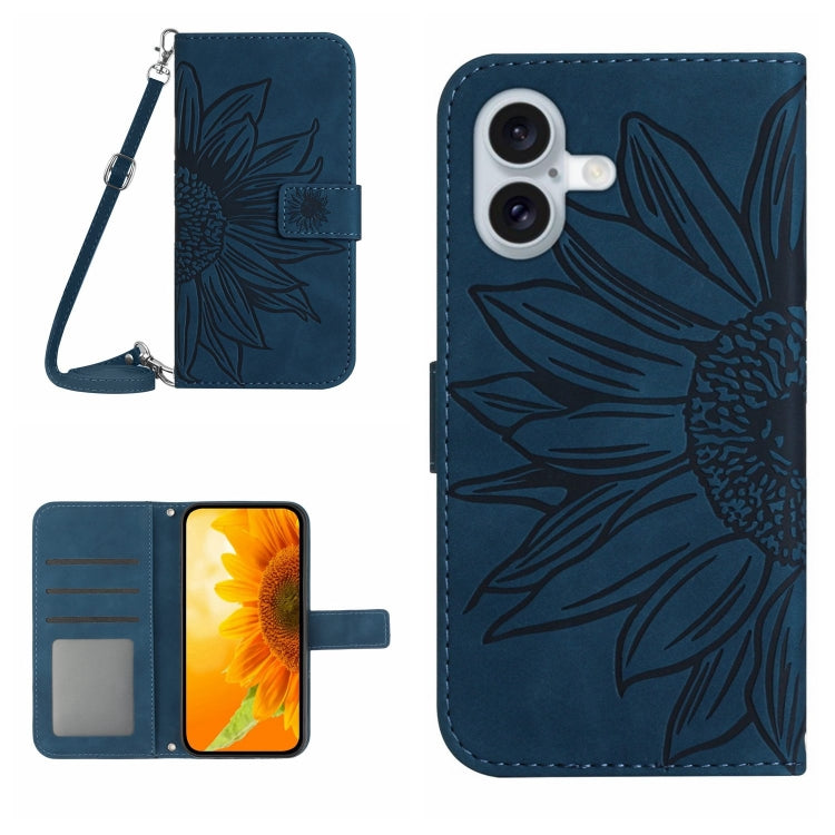 Skin Feel Sun Flower Embossed Flip Leather Phone Case with Lanyard, For iPhone 16 Pro Max, For iPhone 16 Pro, For iPhone 16 Plus