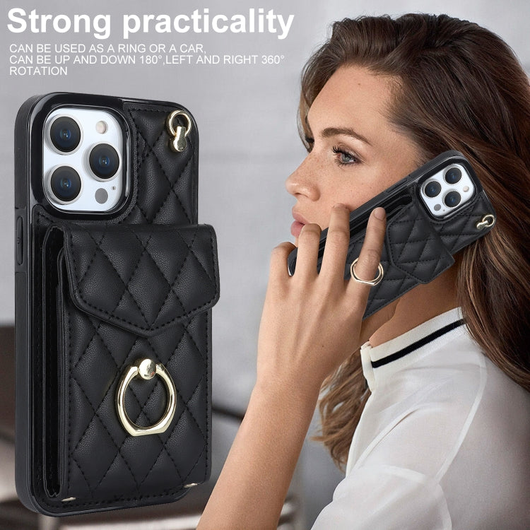Rhombic Texture Card Bag Phone Case with Long Lanyard
