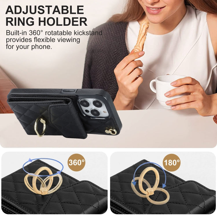 Rhombic Texture Card Bag Phone Case with Long Lanyard