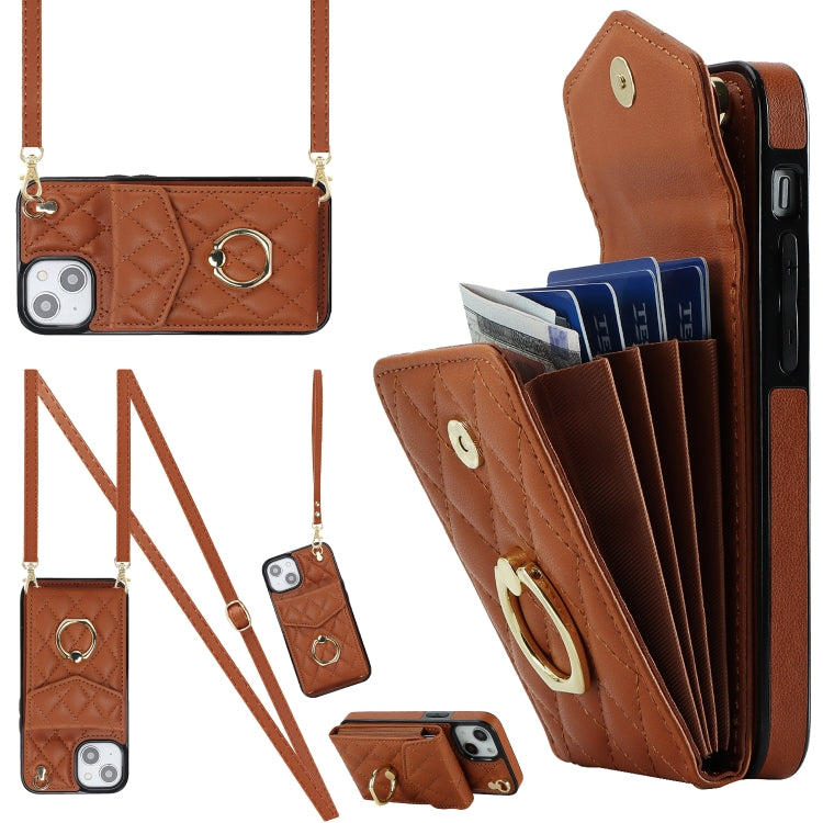 Rhombic Texture Card Bag Phone Case with Long Lanyard