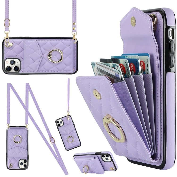 Rhombic Texture Card Bag Phone Case with Long Lanyard