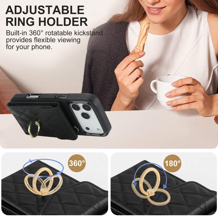 Rhombic Texture Card Bag Phone Case with Long Lanyard