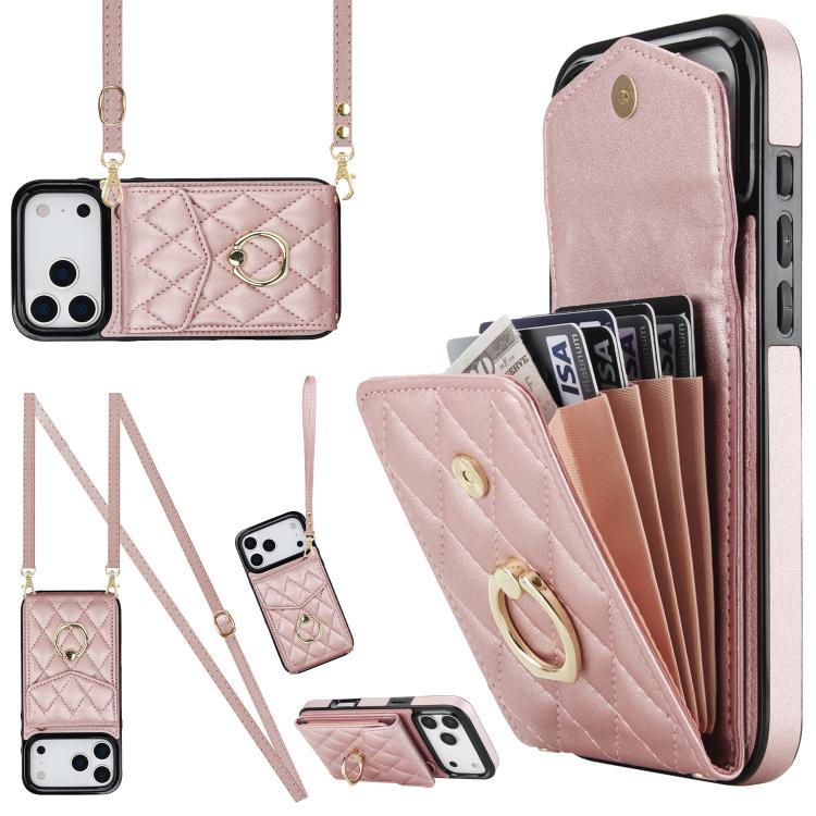 Rhombic Texture Card Bag Phone Case with Long Lanyard