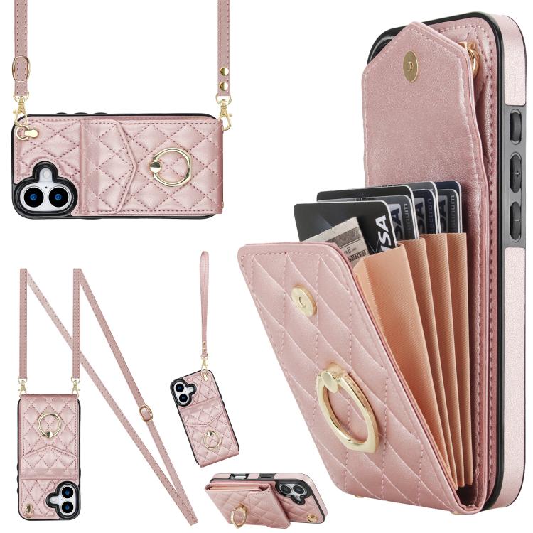 Rhombic Texture Card Bag Phone Case with Long Lanyard