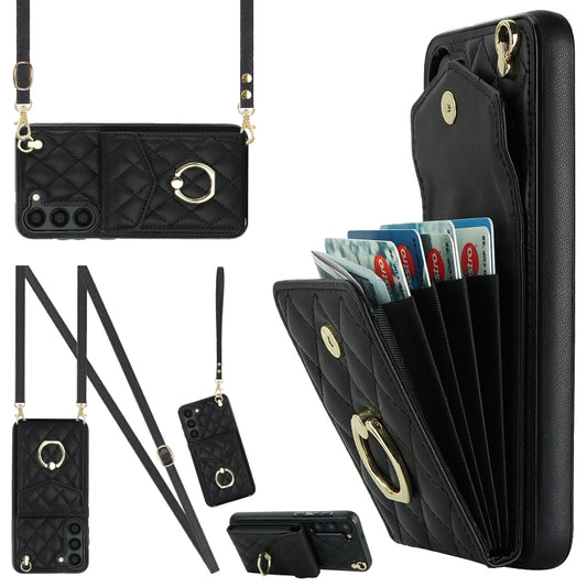 Rhombic Texture Card Bag Phone Case with Long Lanyard