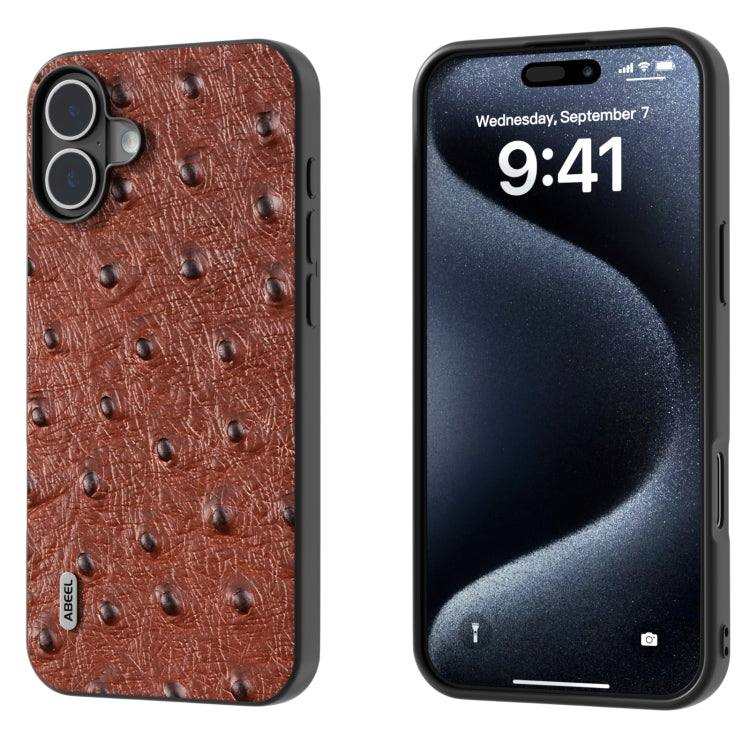 ABEEL Genuine Leather Ostrich Texture Phone Case, For iPhone 16 Pro Max, For iPhone 16 Pro, For iPhone 16 Plus, For iPhone 16, For iPhone 15 Pro Max, For iPhone 15 Pro, For iPhone 15 Plus, For iPhone 15