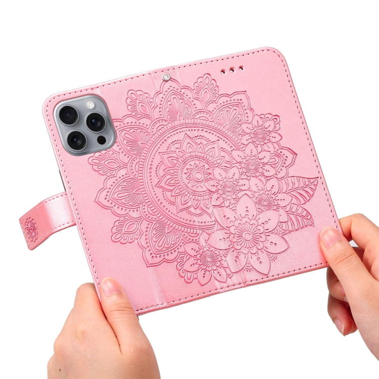 Seven-petal Flowers Embossing Leather Phone Case, For iPhone 16 Pro Max, For iPhone 16 Pro, For iPhone 16 Plus, For iPhone 16, For iPhone SE 20224, For iPhone 15 Pro Max