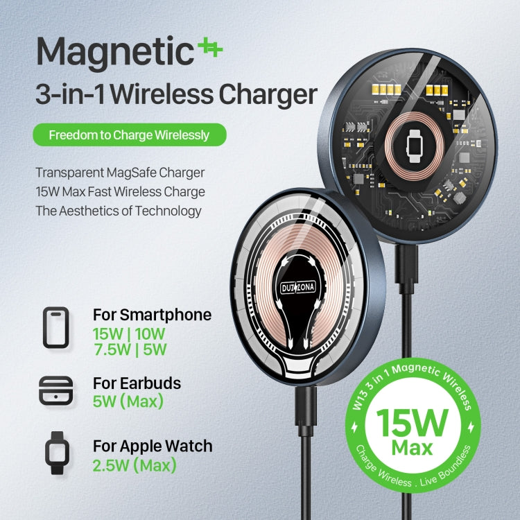 DUZZONA W13 15W 3 in 1 Transparent MagSafe Magnetic Suction Wireless Charger, W13