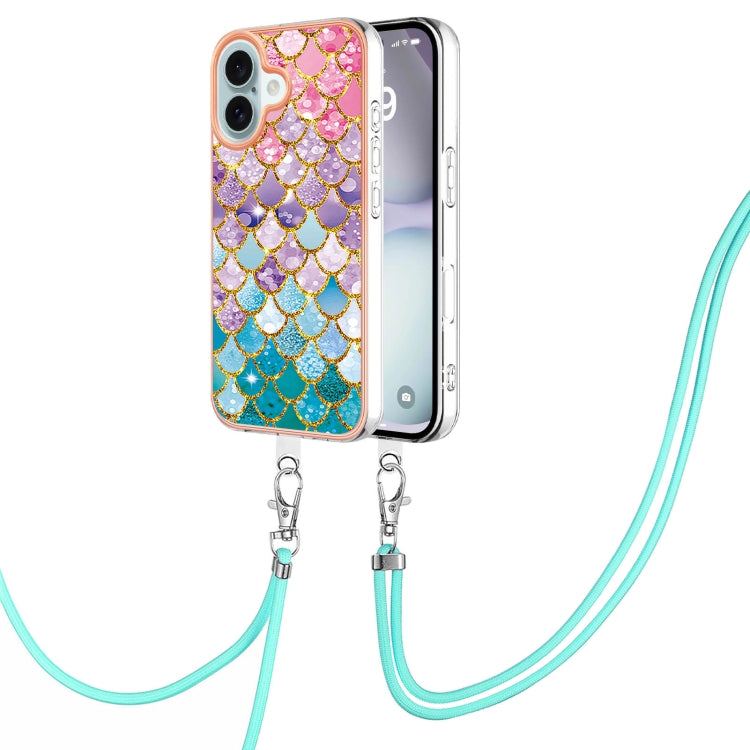 Electroplating Pattern IMD TPU Shockproof Case with Neck Lanyard, For iPhone 16 Pro Max, For iPhone 16 Pro, For iPhone 16 Plus, For iPhone 16, For iPhone 15 Pro Max