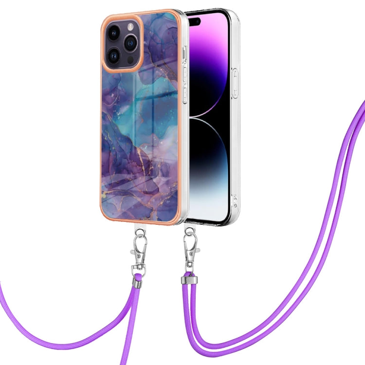 Electroplating Marble Dual-side IMD Phone Case with Lanyard, For iPhone 15 Pro Max, For iPhone 15 Pro, For iPhone 15 Plus, For iPhone 15