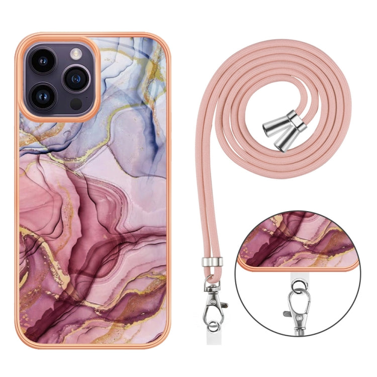 Electroplating Marble Dual-side IMD Phone Case with Lanyard, For iPhone 15 Pro, For iPhone 15 Plus, For iPhone 15