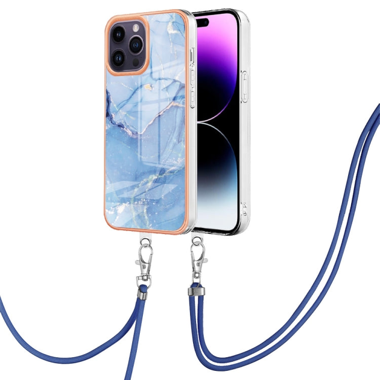 Electroplating Marble Dual-side IMD Phone Case with Lanyard, For iPhone 15 Pro, For iPhone 15 Plus, For iPhone 15