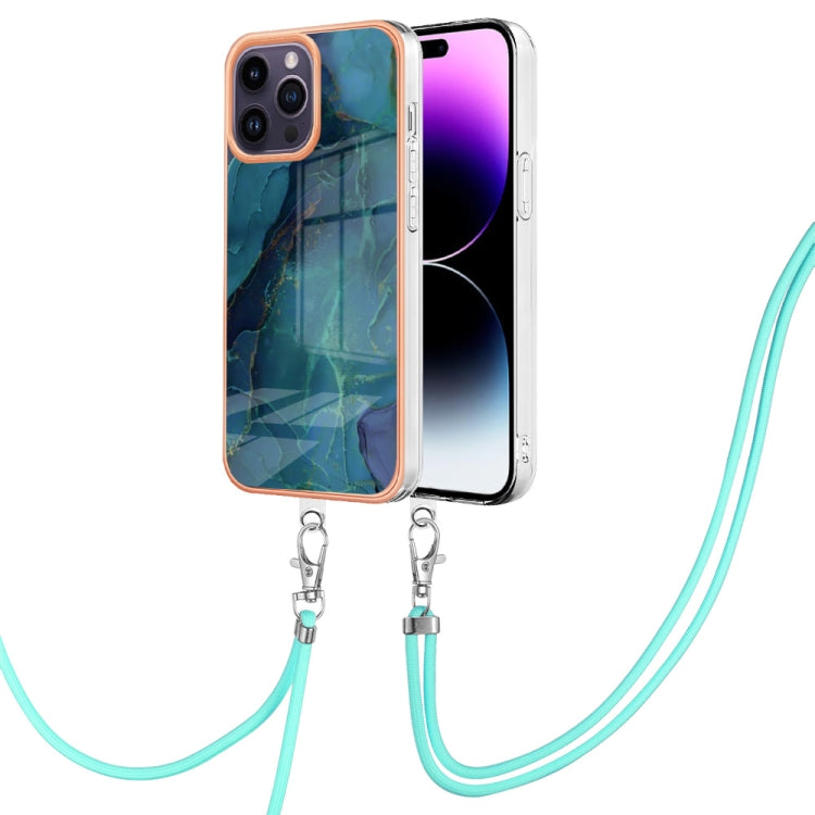 Electroplating Marble Dual-side IMD Phone Case with Lanyard, For iPhone 15 Pro, For iPhone 15 Plus, For iPhone 15