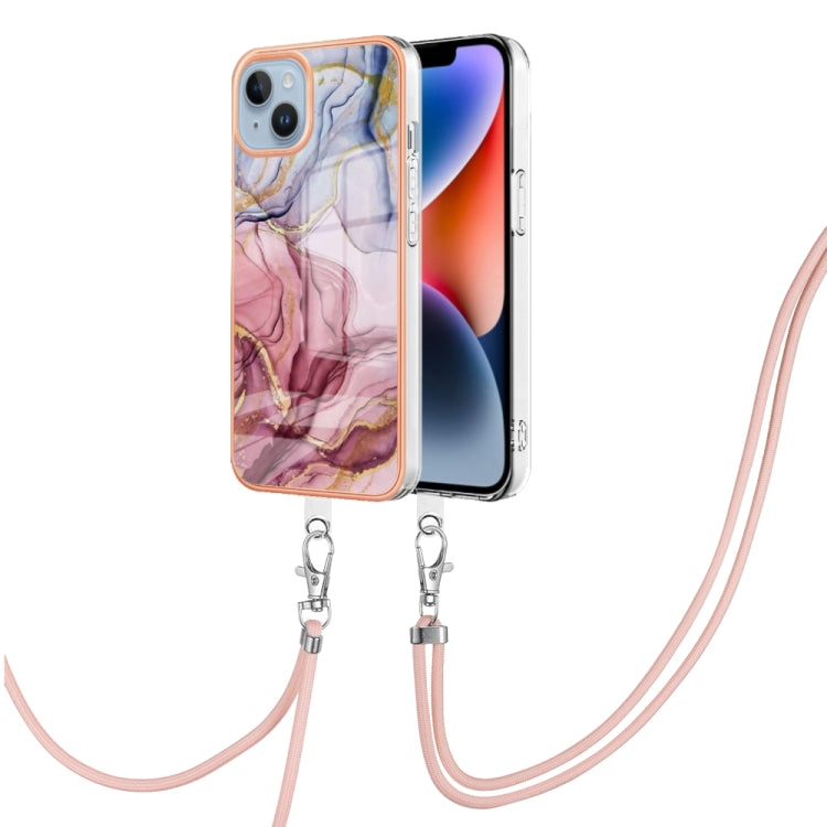 Electroplating Marble Dual-side IMD Phone Case with Lanyard, For iPhone 15 Pro, For iPhone 15 Plus, For iPhone 15