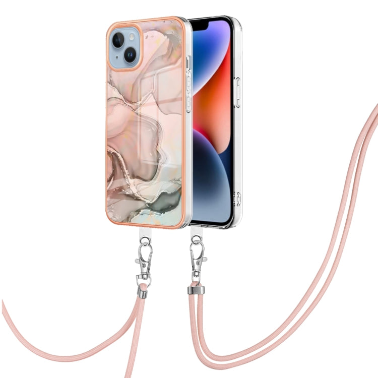 Electroplating Marble Dual-side IMD Phone Case with Lanyard, For iPhone 15 Pro, For iPhone 15 Plus, For iPhone 15