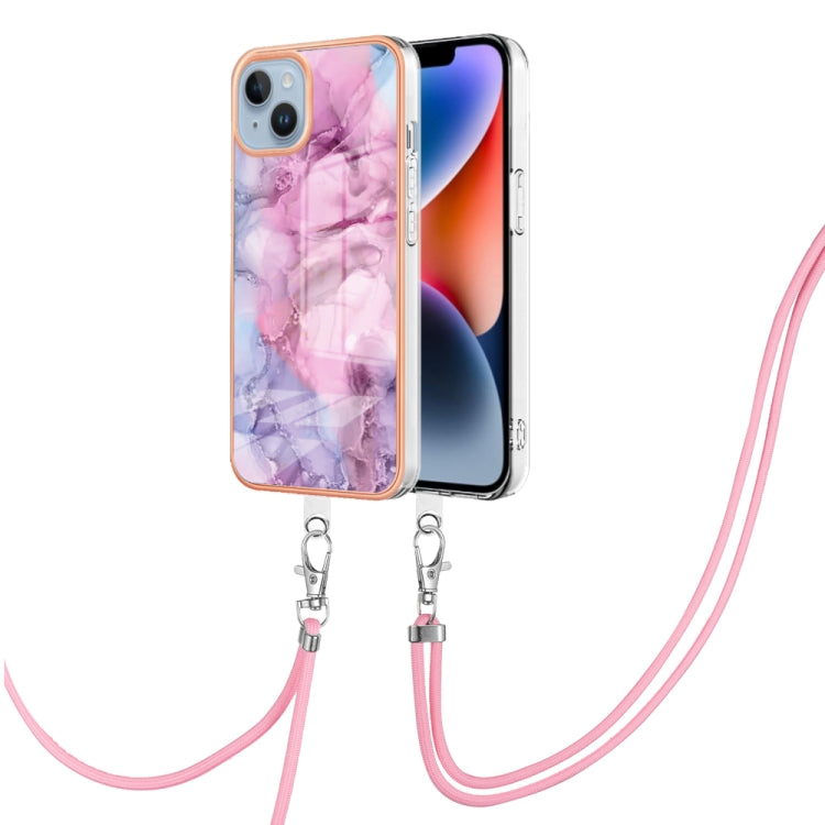 Electroplating Marble Dual-side IMD Phone Case with Lanyard, For iPhone 15 Pro, For iPhone 15 Plus, For iPhone 15