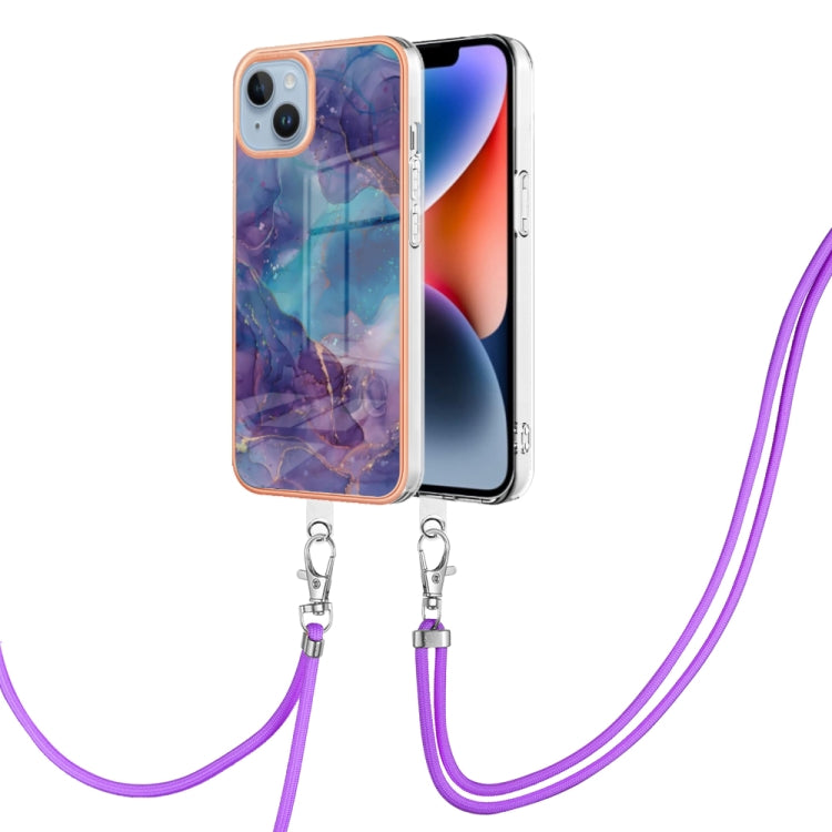 Electroplating Marble Dual-side IMD Phone Case with Lanyard, For iPhone 15 Pro, For iPhone 15 Plus, For iPhone 15