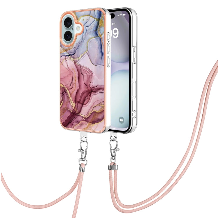 Electroplating Marble Dual-side IMD Phone Case with Lanyard, For iPhone 16 Pro Max, For iPhone 16 Pro, For iPhone 16 Plus, For iPhone 16, For iPhone 15 Pro Max