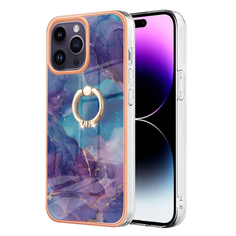 Electroplating Marble Dual-side IMD Phone Case with Ring, For iPhone 15 Pro, For iPhone 15 Plus, For iPhone 15