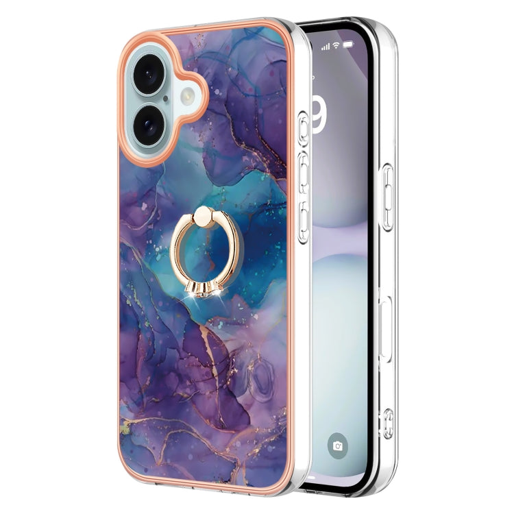 Electroplating Marble Dual-side IMD Phone Case with Ring, For iPhone 16 Pro Max, For iPhone 16 Pro, For iPhone 16 Plus, For iPhone 16, For iPhone 15 Pro Max