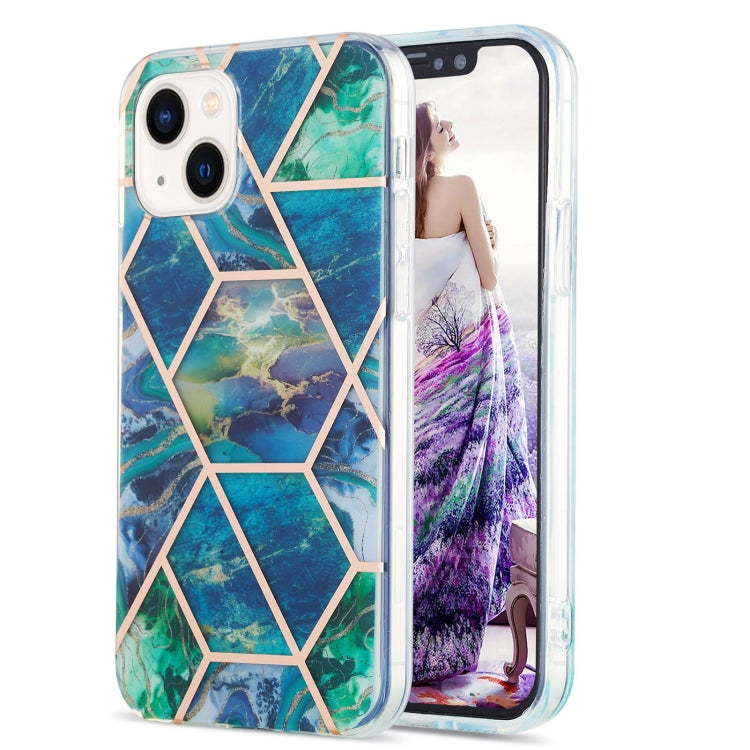 Electroplating Splicing Marble Flower Pattern Dual-side IMD TPU Shockproof Phone Case, For iPhone 15 Pro, For iPhone 15 Plus, For iPhone 15