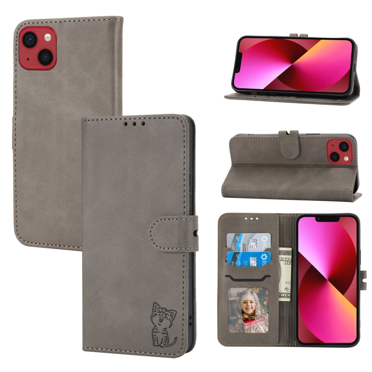 Embossed Happy Cat Pattern Flip Leather Phone Case, For iPhone 15 Pro Max, For iPhone 15 Pro, For iPhone 15 Plus, For iPhone 15