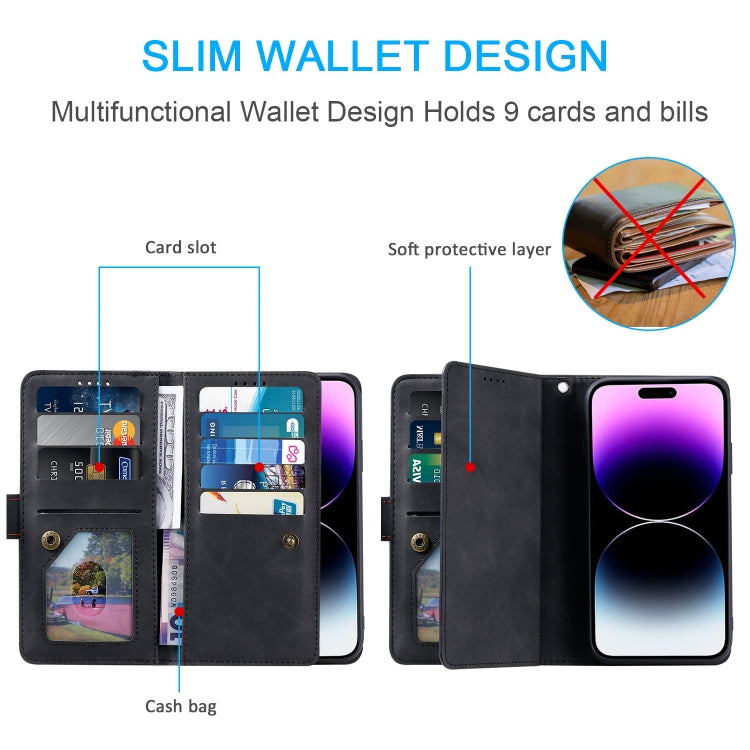 Nine Card Zipper Bag Leather Phone Case with Lanyard, For iPhone 16 Pro Max, For iPhone 16 Pro, For iPhone 16 Plus, For iPhone 16, For iPhone 15 Pro Max, For iPhone 15 Pro, For iPhone 15 Plus, For iPhone 15