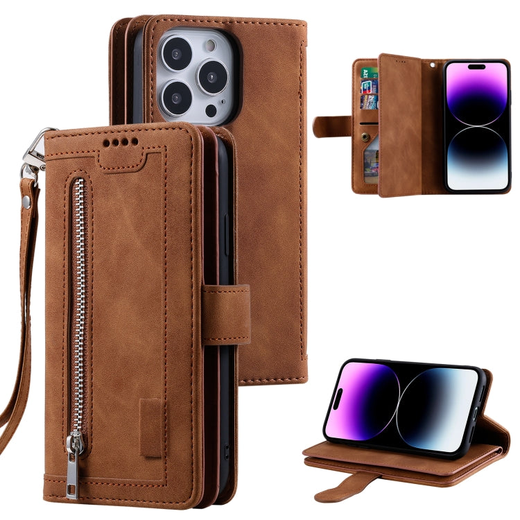 Nine Card Zipper Bag Leather Phone Case with Lanyard, For iPhone 16 Pro Max, For iPhone 16 Pro, For iPhone 16 Plus, For iPhone 16, For iPhone 15 Pro Max, For iPhone 15 Pro, For iPhone 15 Plus, For iPhone 15