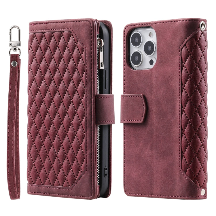 Grid Texture Zipper Leather Phone Case with Lanyard