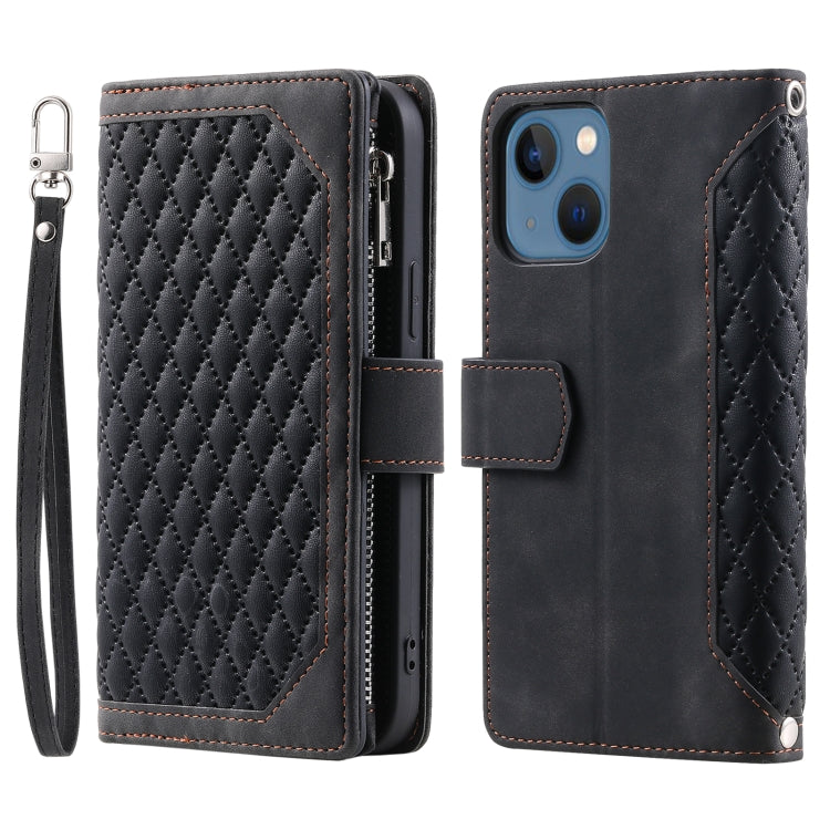 Grid Texture Zipper Leather Phone Case with Lanyard