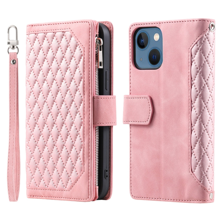Grid Texture Zipper Leather Phone Case with Lanyard
